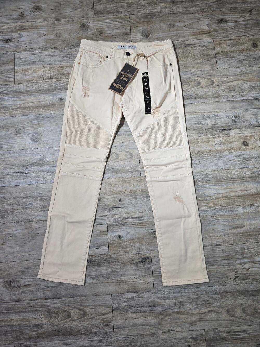 Reason Brand Premium Denim Men's Moto Biker Jeans in Cream Size 36